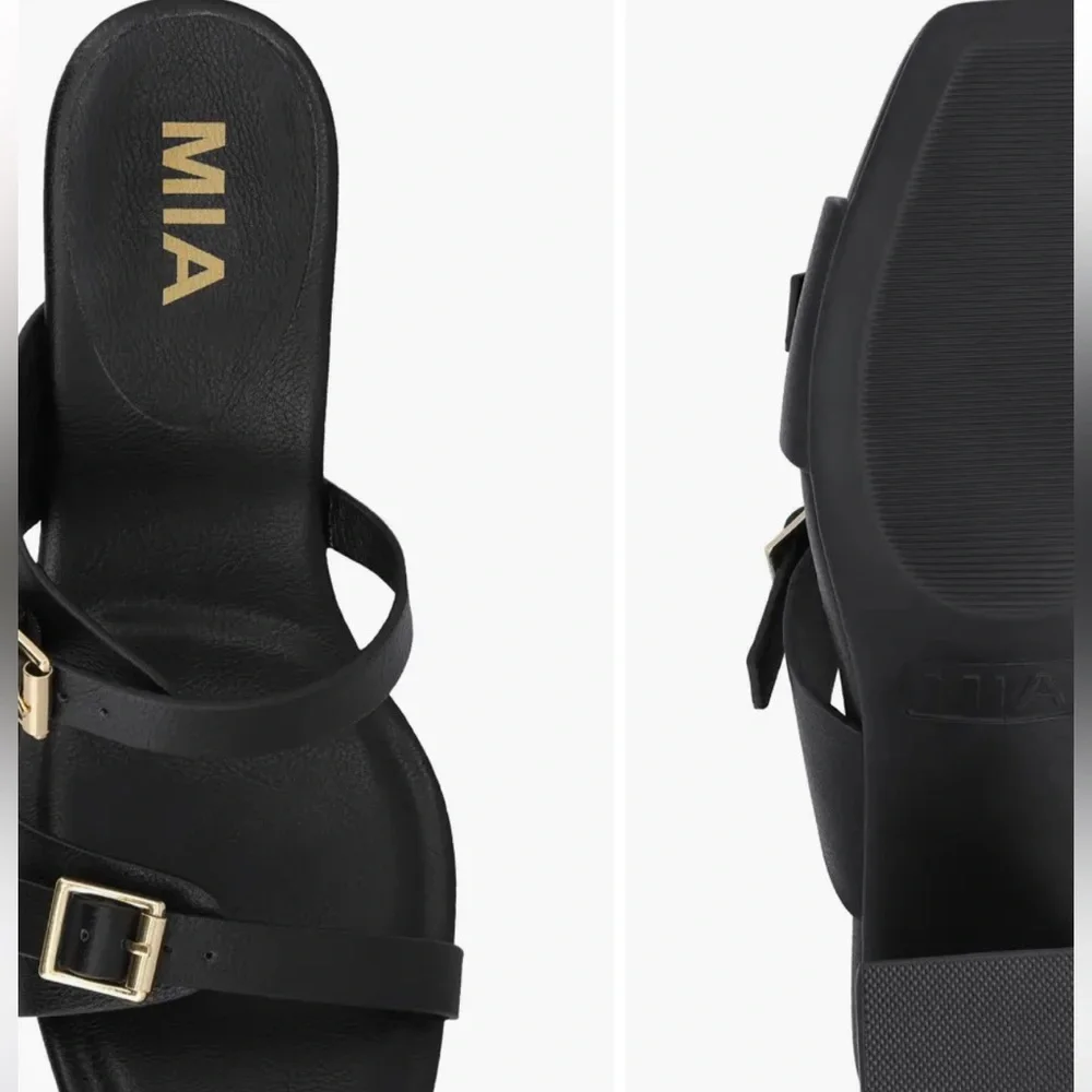 MIA Black Wedge Sandal with Gold Buckles
